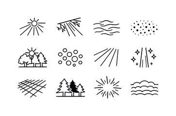 Fototapeta premium Forest Light Icons. Forest Light Effects. Line icon set of Forest Light Effects: sun rays, beam through branches, haze effect, glowing mist, filtered sunlight,