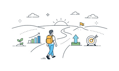 Journey of Growth. Life path contemplation. A person walking through open fields with a visible horizon, sense of direction and personal progress, soft arrows