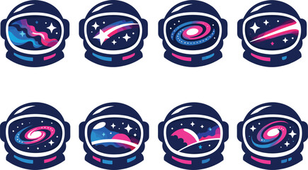 Two-Color vector icons of an interstellar reflection within a spacefaring helmet: nebula visor, star ribbon, glowing galaxy,