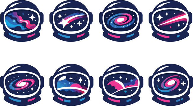 Two-Color vector icons of an interstellar reflection within a spacefaring helmet: nebula visor, star ribbon, glowing galaxy,