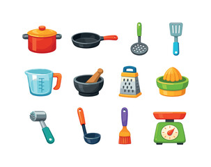 Colorful Cooking Tools. Cooking tools. Colorful flat vector icons set of cooking tools: stock pot, skillet, slotted spoon, turner spatula, measuring jug,