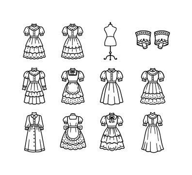 Vintage Lace Dress Icons. Vintage Lace Dress. Line icon set of Vintage Lace Dress: retro lace gown, puff sleeves, high collar lace, ankle length dress, button