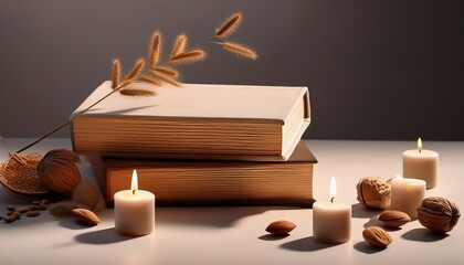 Still Life Featuring Two Books Burning Candles Dried Sprig And Scattered Nuts On A Neutral Surface With Dappled Light
