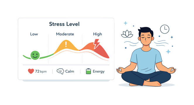 Stress Dashboard Illustration. Stress level chart. A minimal dashboard showing stress indicators with smooth curves and icons, a character practicing calm