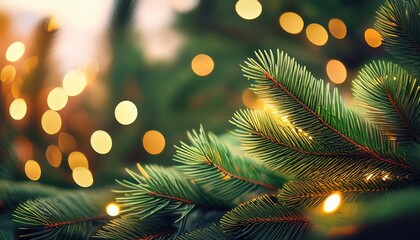Close Up Christmas Tree Branch With Blurry Warm Bokeh Lights And Green Needles Festive Holiday