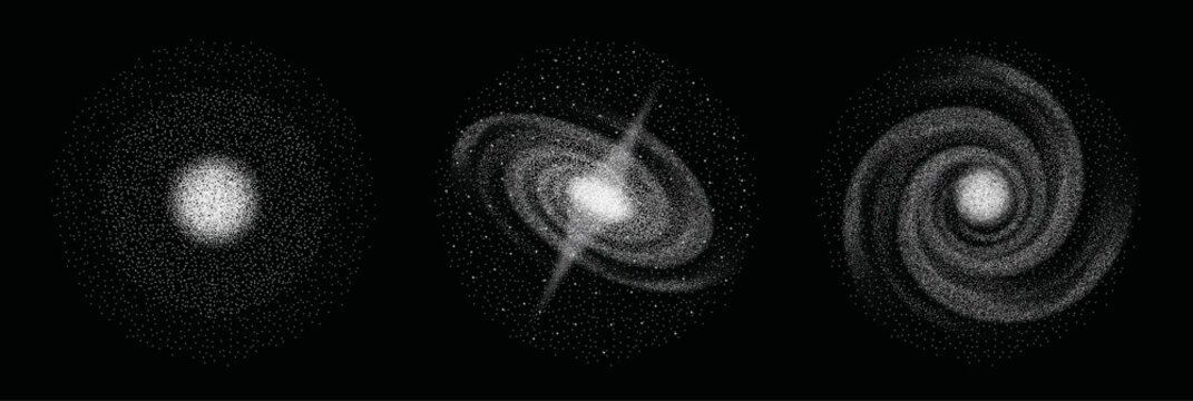 Spiral galaxies made with particle points, using stippling and point cloud techniques, abstract concepts of order and chaos, astronomy and cosmic structures on a black background