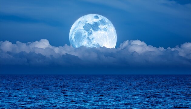 This Large Full Blue Moon Rises Brightly Over The Cloud Bank In This Calm Ocean