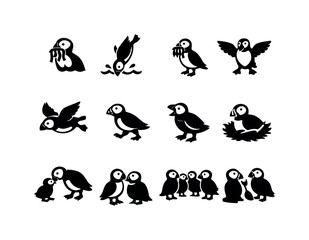 Puffin Activity Icons. Puffin behavior. Solid icon set of Puffin behavior: puffin fishing, puffin diving, puffin carrying fish, puffin landing, puffin takeoff,