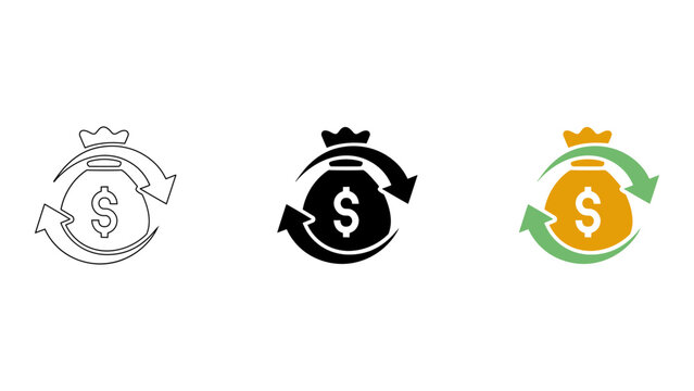 black and white icon of money bag with arrows indicating recurring income or balance update