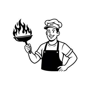 Chef Flaming Pan Fire Cooking Silhouette Vector Icon