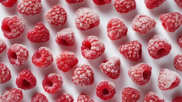 Vibrant red frozen raspberries, each with a frosty coating, scattered on a white background, highlighting natural texture and fresh appeal for healthy food