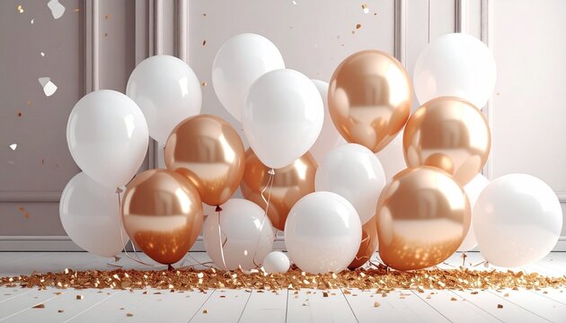 Elegant gold and white balloons on a light background for celebrations