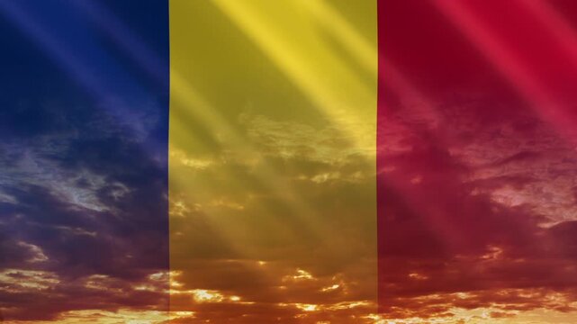 Flag of Romania waving against a vibrant sunset, creating a patriotic and inspiring atmosphere with warm tones.