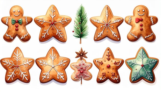 Festive watercolor gingerbread cookies and christmas tree on white background