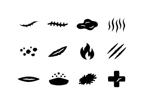 Scars Icon Set. Scars and Marks. Solid icon set of Scars and Marks: scar line, stitched wound, keloid scar, stretch mark, acne mark, cut wound, burn scar, skin