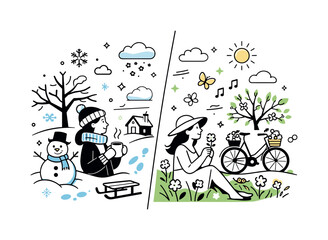 Winter to Spring Transition. Season change contrast graphics (winter to spring). Editorial split scene showing transition from snowy winter elements to fresh