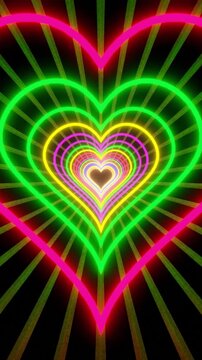 abstarct tunnel background, colorfull hart neon light animation
