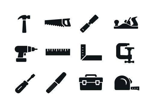 Woodworking Tools Icon Set. Woodworking Tools. Solid icon set of Woodworking Tools: hammer, saw, chisel, plane, drill, ruler, square, clamp, screwdriver, wood