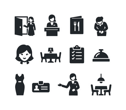 Restaurant Hostess Icons. Restaurant Hostess. Solid icon set of Restaurant Hostess: hostess at entrance, reservation stand, menu folder, greeting bow, service