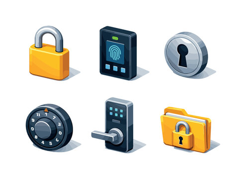 Security Icons Grid. Security lock. Isometric flat vector icons set of security lock: closed padlock, biometric lock panel, keyhole lock, combination lock
