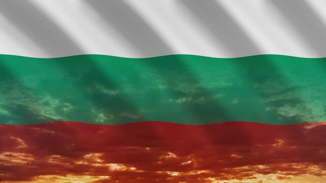 Flag of Bulgaria waving against a vibrant sunset, creating a patriotic and inspiring atmosphere with warm tones.