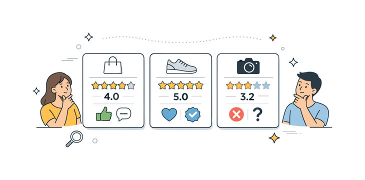 Product Ratings Comparison. Comparing product ratings. Several product cards displayed side by side with different star scores and icons. The scene suggests