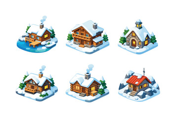 Colorful Snow Cottages. Snow Cottages and Lodges. Isometric flat vector icons set of Snow Cottages and Lodges: winter lakeside cabin, alpine wooden lodge, snow