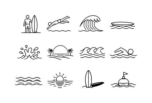 Surf and Swim Icons. Surf and Swim. Line icon set of Surf and Swim: surfer nearby, swimmer diving, wave crest, floating board, ocean spray, beach horizon, tide