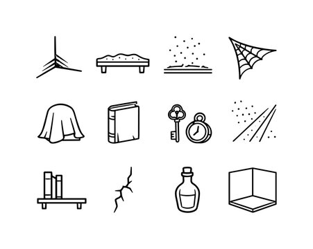 Forgotten Corner Icons. Forgotten Corner. Line icon set of Forgotten Corner: corner shadow, shelf dust layer, settled particles, cobweb triangle, hidden