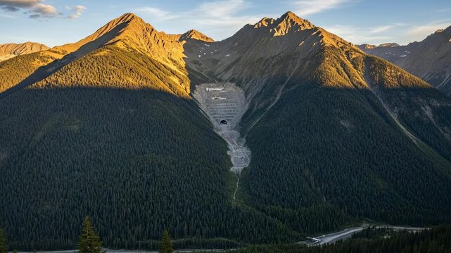 Two professional engineers wearing white hard hats looking at a remote mountain mining site or tunnel construction project in a vast wilderness landscape during sunset