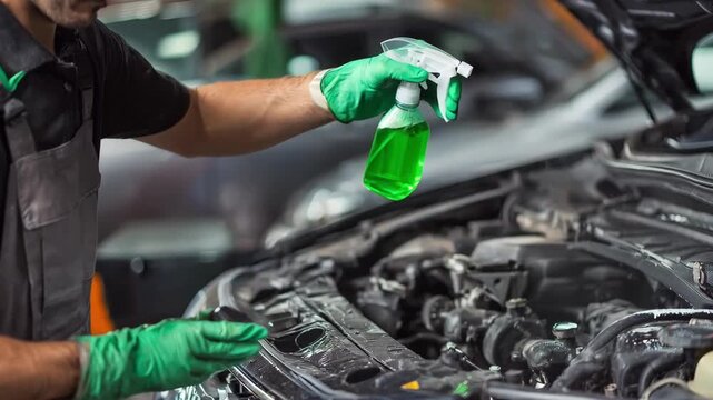 Medium shot of a technician spraying a cleaning solution onto fuel injectors to remove stubborn deposits and improve engine efficiency.