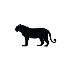 Obraz premium Lioness silhouette in side view, clean black wildlife vector illustration isolated on white background.