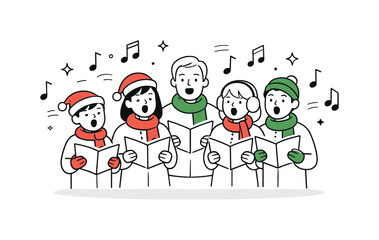 Harmonious Christmas Choir. Singing Christmas carols choir. A small choir singing in harmony with simple musical notes floating around. Calm celebration and