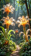 pathway tropical garden pathway lined lush greenery tall trees either side pathway tall plants green leaves pink flowers center large orange flower like structure appears glass similar material