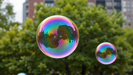 two soap bubbles floating air front city skyline soap bubbles circular shape rainbow colored background city skyline visible background tall buildings trees sky overcast overall mood peaceful serene