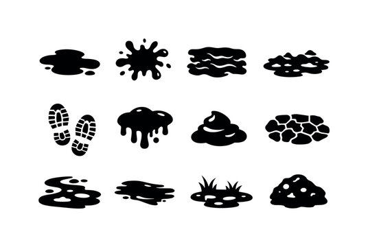 Mud Icon Set. Mud. Solid icon set of Mud: mud puddle, wet mud splash, thick mud texture, muddy ground, mud footprints, sticky mud, soft mud pile, mud surface