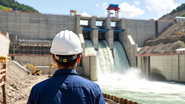 Back view of a young male civil engineer in a white hard hat and blue uniform looking at a large hydroelectric dam construction site with water flowing through spillways