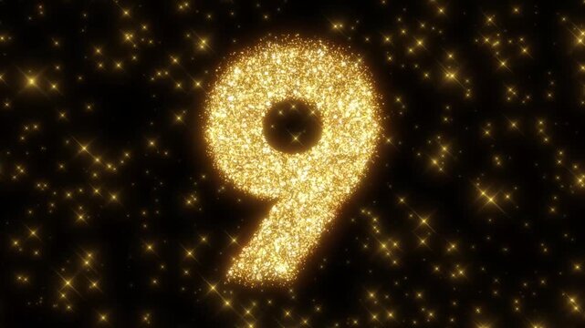 Festive golden countdown animation from 10 to 1 formed by glittering particles on a black background, perfect for New Year's Eve and event openers, awards shows and celebrations