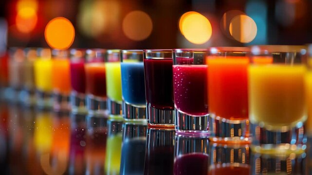 Colorful shot glasses filled with mixed drinks lined up on a glossy bar counter with bright bokeh lights
