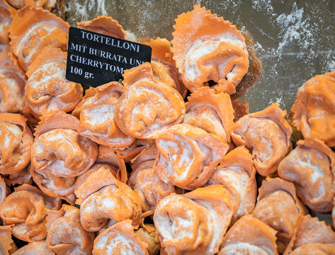 Fresh ravioli with buratta for sale at a farmers market stand, Bern, Switzerland