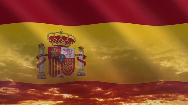 Flag of Spain waving against a vibrant sunset, creating a patriotic and inspiring atmosphere with warm tones.
