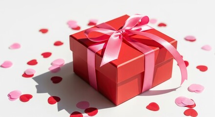 red gift box with pink ribbon surrounded by heart confetti on valentine's day