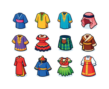 Traditional Garments Icons. Traditional garments. Colorful isometric vector icons set of traditional garments: yukata, kurta, kaftan, keffiyeh, boubou robe,