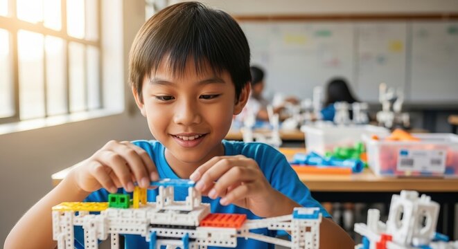 young asian boy engaged in building colorful educational blocks in sunlit classroom setting