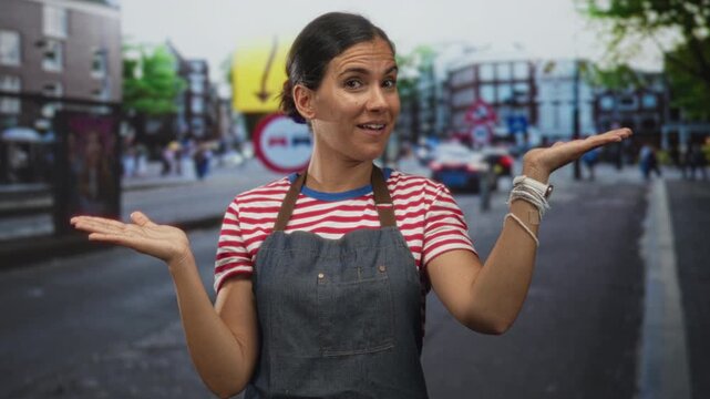 Woman in denim apron and red striped shirt shrugging with open palms on city street near traffic and signs; confusion dilemma.