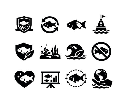 Fisheries Conservation Icons. Fisheries and conservation. Solid icon set of Fisheries and conservation: protected area icon, sustainable catch symbol, fish