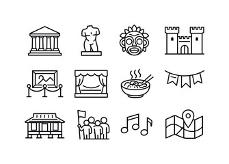 Cultural Tourism Icons. Cultural Tourism. Line icon set of Cultural Tourism: museum building, ancient statue, traditional mask, historic landmark, art gallery,