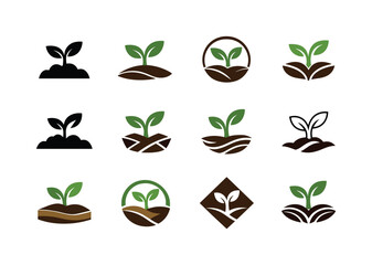 Obraz premium Soil Health Icons. Soil health improvement. Icon set. Set Logo of Soil health improvement: sprout emerging from soil. harmonious logo variations of the same