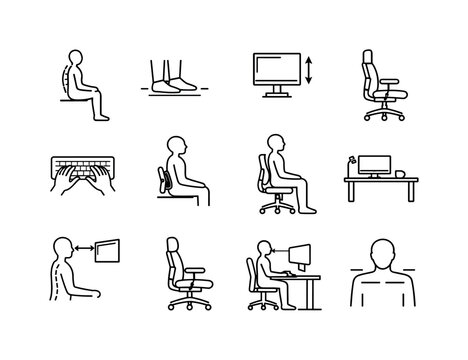 Ergonomic Desk Posture Icons. Correct desk posture. Line icon set of Correct desk posture: straight spine, feet on floor, monitor height, chair setup, typing