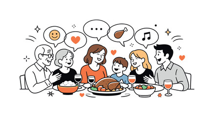 Fototapeta premium Joyful Thanksgiving Gathering. A family gathered around the table for Thanksgiving dinner conversation. A friendly editorial scene with family members talking